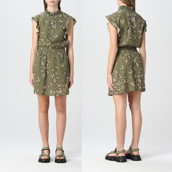 NWT LOVE MOSCHINO Butterfly Dress Olive Green Mini Ruffle Size US 4 - Picture 1 of 10